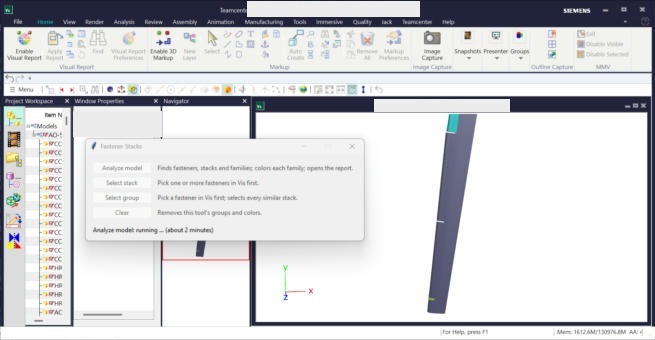 Fastener Stacks panel with Analyze running